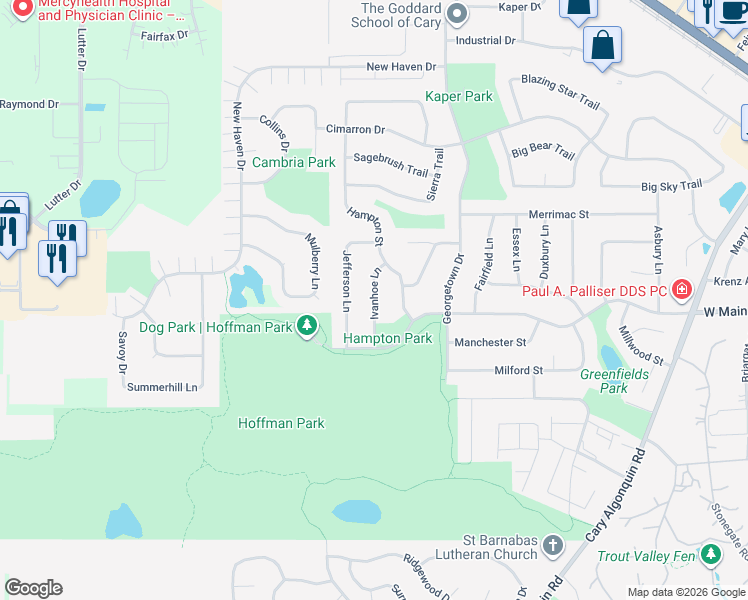 map of restaurants, bars, coffee shops, grocery stores, and more near 40 Ivanhoe Lane in Cary