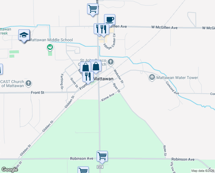 map of restaurants, bars, coffee shops, grocery stores, and more near 23849 Concord Avenue in Mattawan