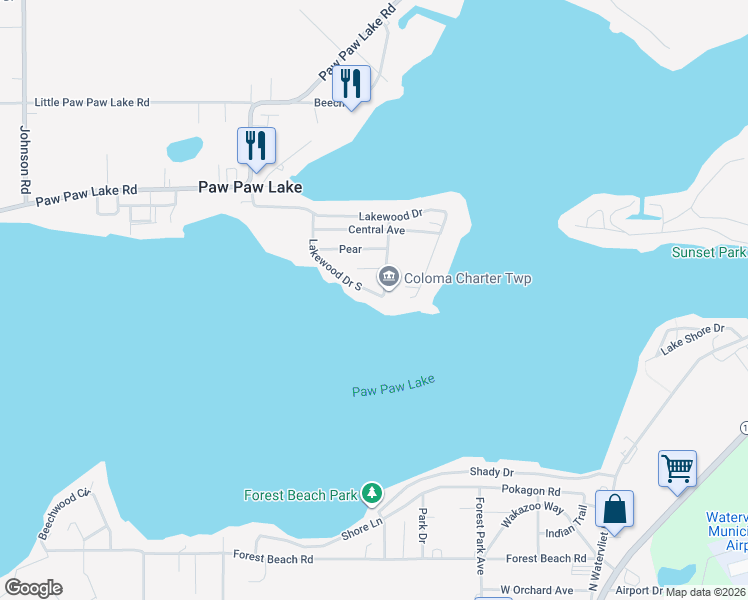 map of restaurants, bars, coffee shops, grocery stores, and more near 7906 Lakewood Drive South in Coloma