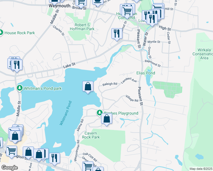 map of restaurants, bars, coffee shops, grocery stores, and more near 78 Raleigh Road in Weymouth