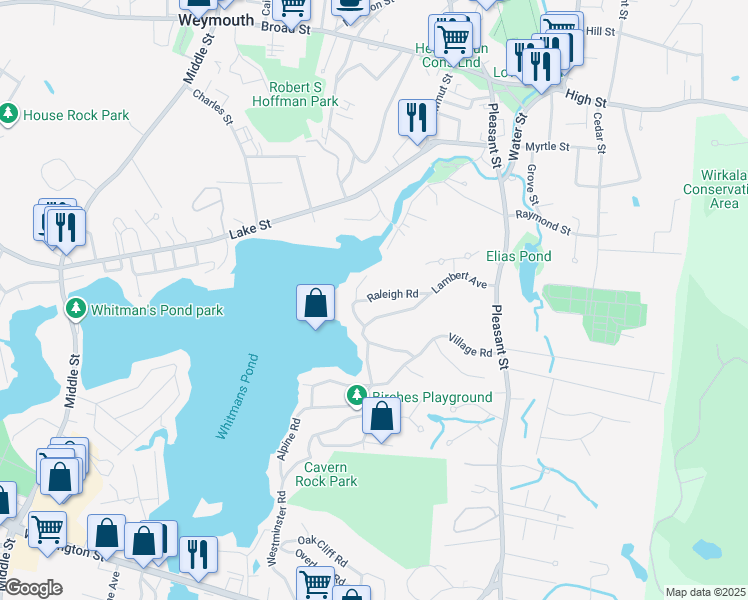map of restaurants, bars, coffee shops, grocery stores, and more near 78 Raleigh Road in Weymouth