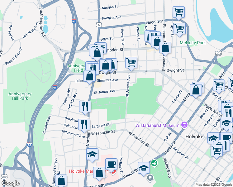 map of restaurants, bars, coffee shops, grocery stores, and more near 34 Saint James Avenue in Holyoke