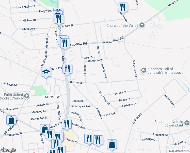 map of restaurants, bars, coffee shops, grocery stores, and more near 61 Russell Terrace in Chicopee