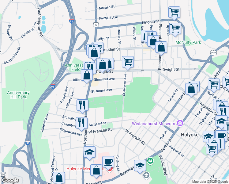 map of restaurants, bars, coffee shops, grocery stores, and more near 34 Saint James Avenue in Holyoke