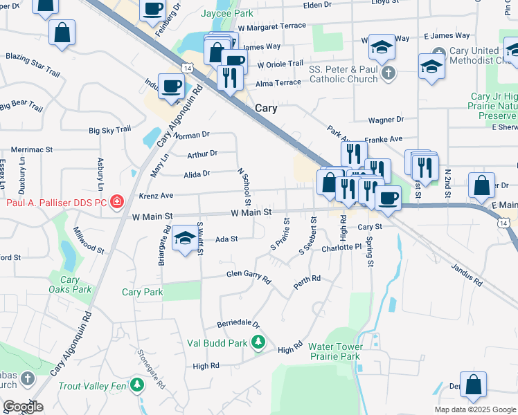 map of restaurants, bars, coffee shops, grocery stores, and more near 444 West Main Street in Cary