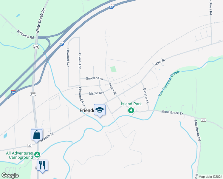 map of restaurants, bars, coffee shops, grocery stores, and more near 18 Depot Street in Friendship