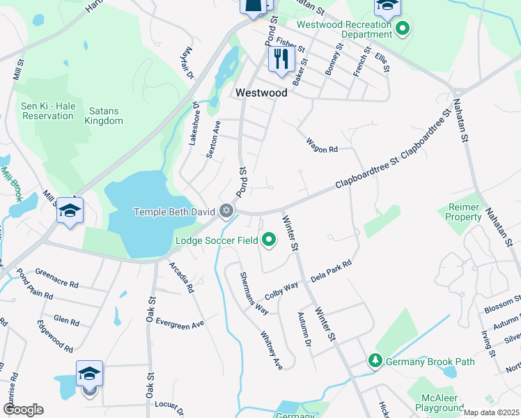 map of restaurants, bars, coffee shops, grocery stores, and more near 48 Clapboardtree Street in Westwood
