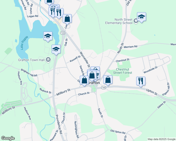 map of restaurants, bars, coffee shops, grocery stores, and more near 11 Worcester Street in Grafton