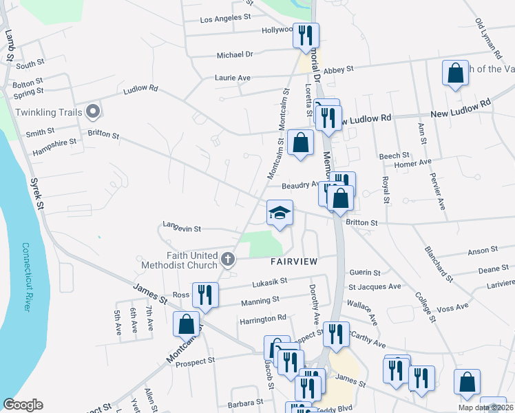 map of restaurants, bars, coffee shops, grocery stores, and more near 311 Montcalm Street in Chicopee
