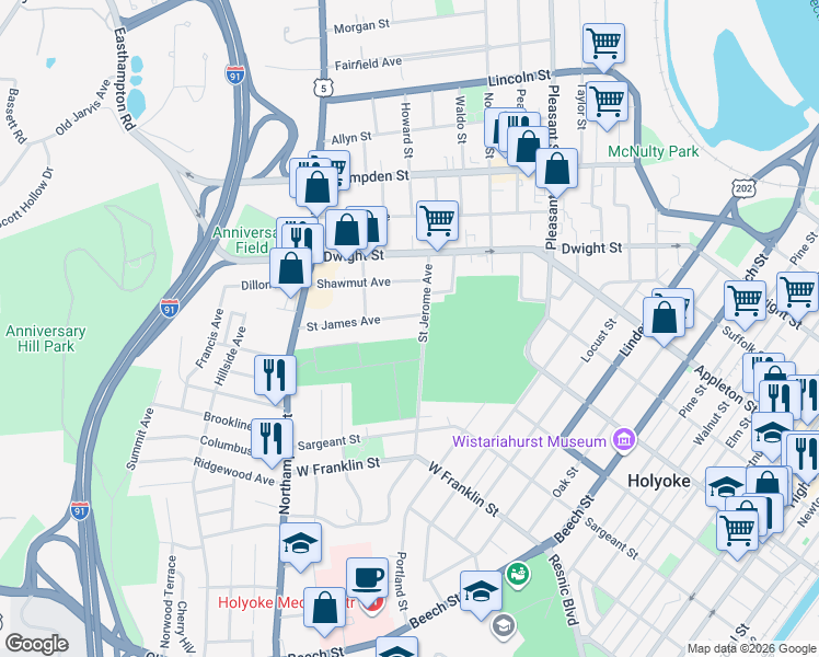 map of restaurants, bars, coffee shops, grocery stores, and more near 55 Saint Jerome Avenue in Holyoke