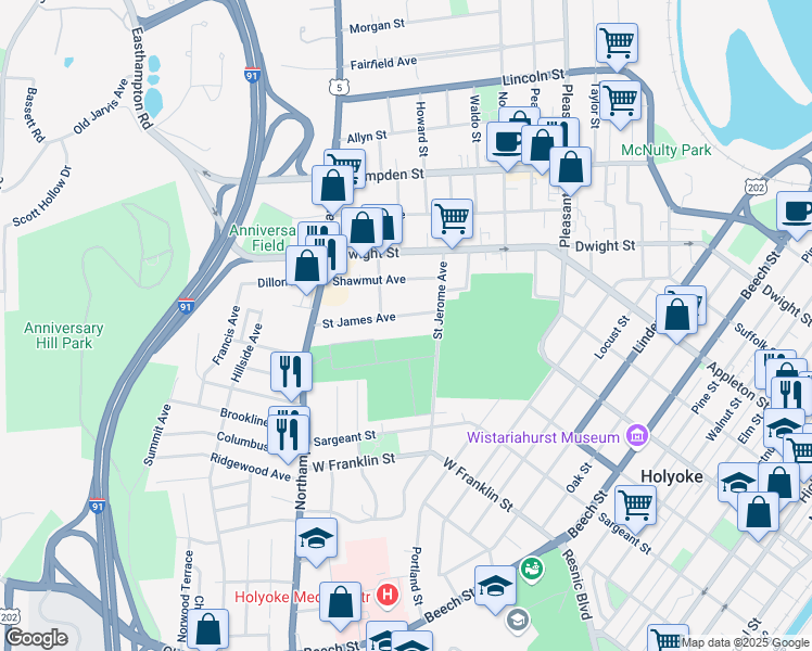 map of restaurants, bars, coffee shops, grocery stores, and more near 34 Saint James Avenue in Holyoke