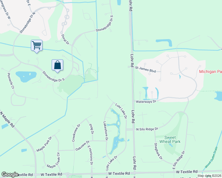 map of restaurants, bars, coffee shops, grocery stores, and more near 5417 Lohr Lake Drive in Ann Arbor