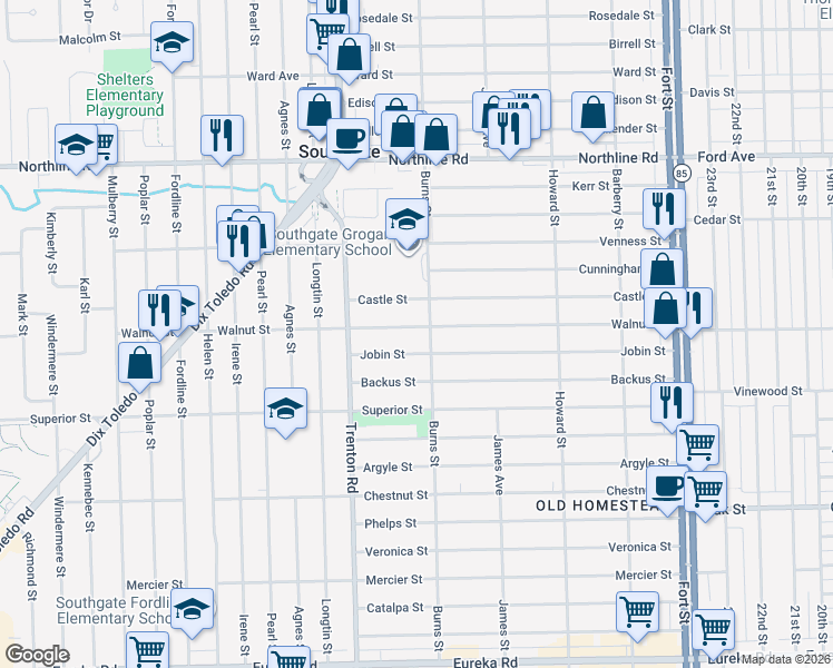 map of restaurants, bars, coffee shops, grocery stores, and more near 13710 Jobin Street in Southgate