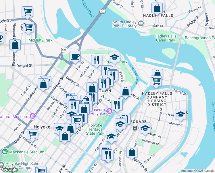 map of restaurants, bars, coffee shops, grocery stores, and more near 134 High Street in Holyoke