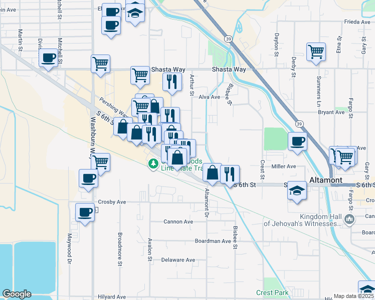 map of restaurants, bars, coffee shops, grocery stores, and more near 2130 Arthur Street in Klamath Falls