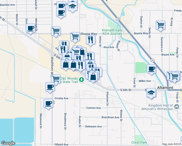 map of restaurants, bars, coffee shops, grocery stores, and more near 3051 South 6th Street in Klamath Falls