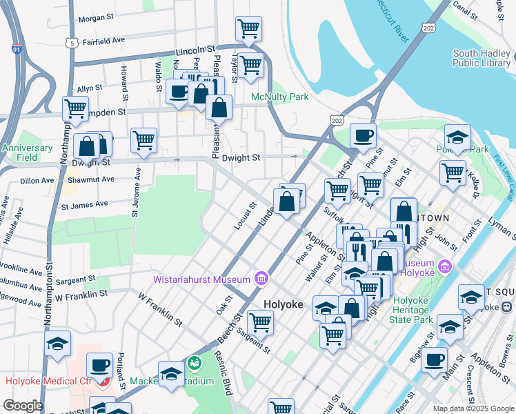 map of restaurants, bars, coffee shops, grocery stores, and more near 476 Appleton Street in Holyoke