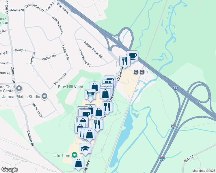 map of restaurants, bars, coffee shops, grocery stores, and more near 85 University Avenue in Westwood