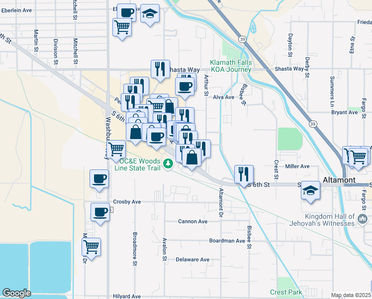map of restaurants, bars, coffee shops, grocery stores, and more near 3051 South 6th Street in Klamath Falls