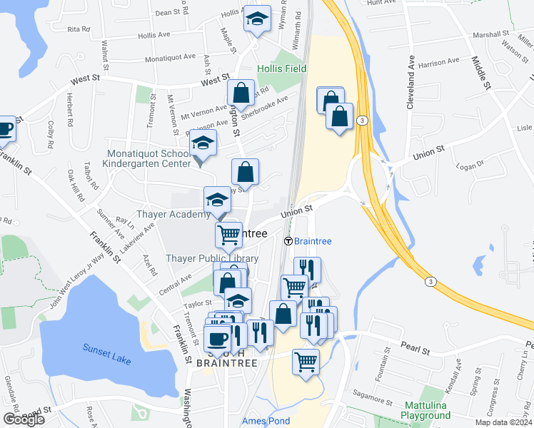 map of restaurants, bars, coffee shops, grocery stores, and more near 714 Washington Street in Braintree