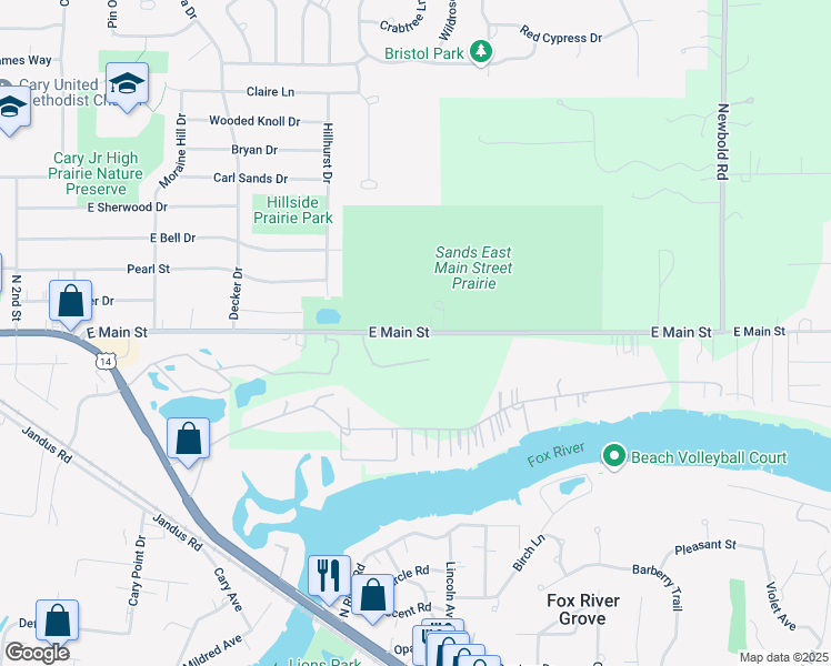 map of restaurants, bars, coffee shops, grocery stores, and more near East Main Street in Cary