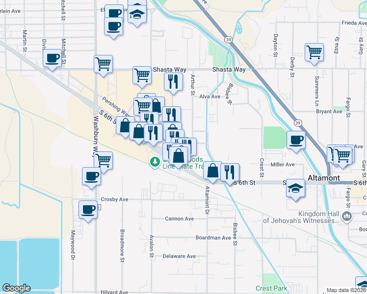 map of restaurants, bars, coffee shops, grocery stores, and more near 2130 Arthur Street in Klamath Falls