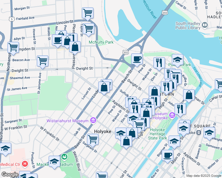 map of restaurants, bars, coffee shops, grocery stores, and more near 165 Beech Street in Holyoke
