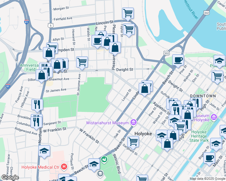 map of restaurants, bars, coffee shops, grocery stores, and more near 608 Pleasant Street in Holyoke