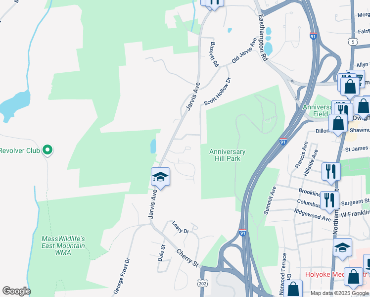map of restaurants, bars, coffee shops, grocery stores, and more near 298 Jarvis Avenue in Holyoke