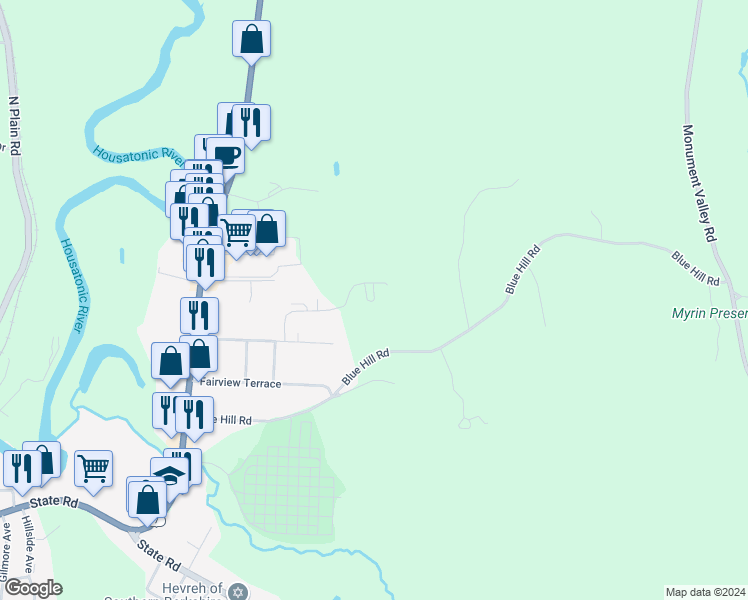 map of restaurants, bars, coffee shops, grocery stores, and more near 1-99 Rose Court East in Great Barrington