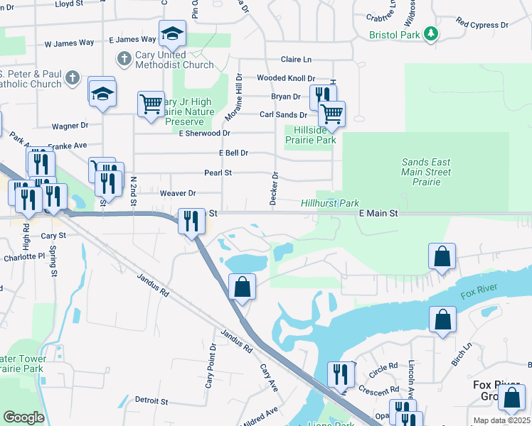 map of restaurants, bars, coffee shops, grocery stores, and more near 65 Northwest Highway in Cary