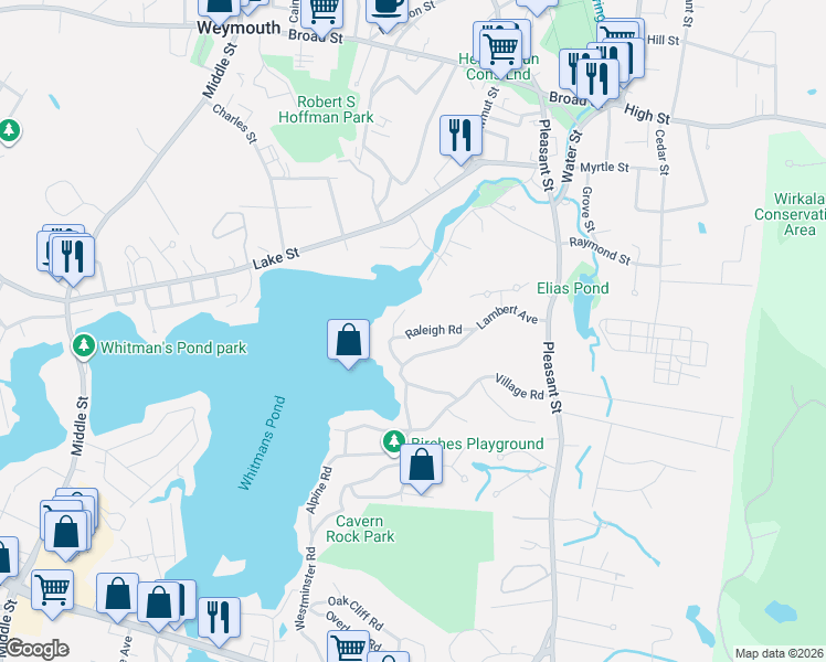 map of restaurants, bars, coffee shops, grocery stores, and more near 52 Raleigh Road in Weymouth