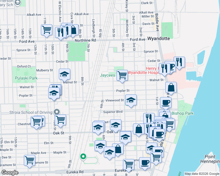 map of restaurants, bars, coffee shops, grocery stores, and more near 521 Poplar Street in Wyandotte