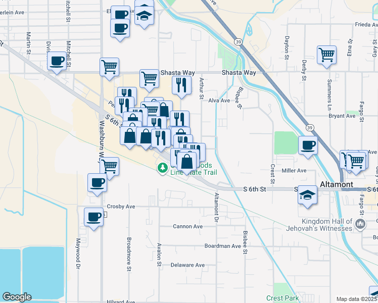 map of restaurants, bars, coffee shops, grocery stores, and more near 2124 Arthur Street in Klamath Falls