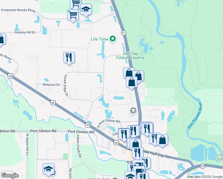 map of restaurants, bars, coffee shops, grocery stores, and more near 1190 Georgetown Way in Vernon Hills