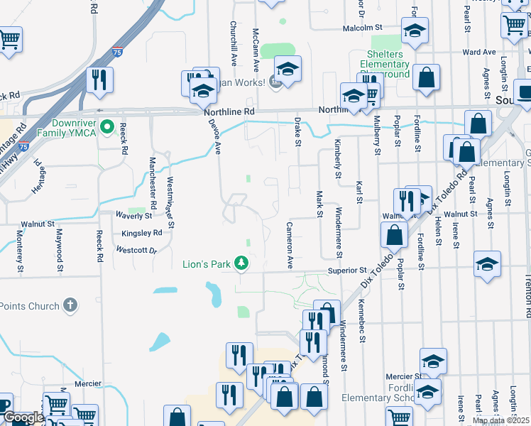 map of restaurants, bars, coffee shops, grocery stores, and more near Village Square Drive in Southgate