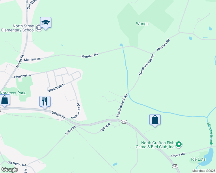 map of restaurants, bars, coffee shops, grocery stores, and more near 15 Meadowbrook Road in Grafton