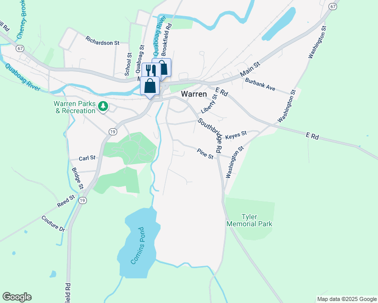 map of restaurants, bars, coffee shops, grocery stores, and more near 42 Pine Street in Warren