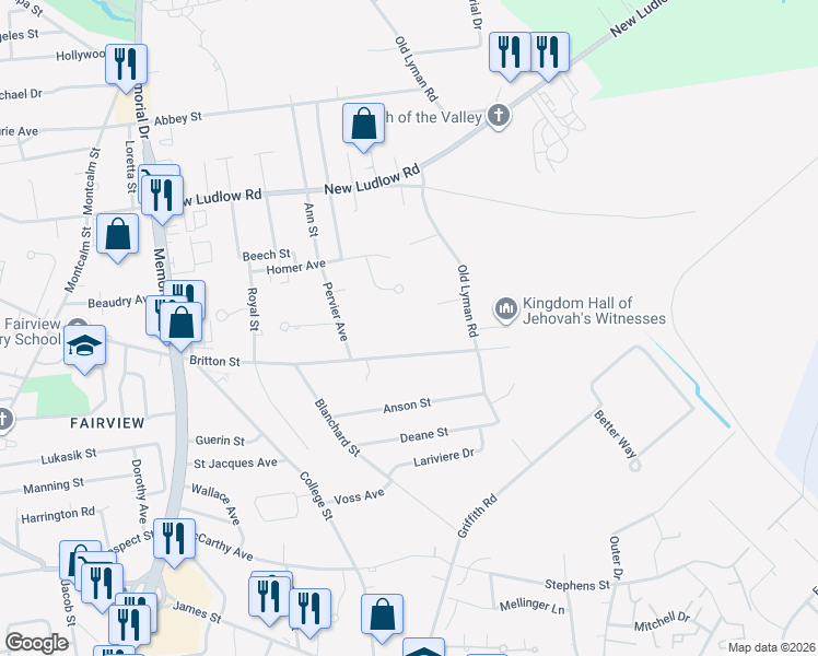 map of restaurants, bars, coffee shops, grocery stores, and more near 696 Britton Street in Chicopee