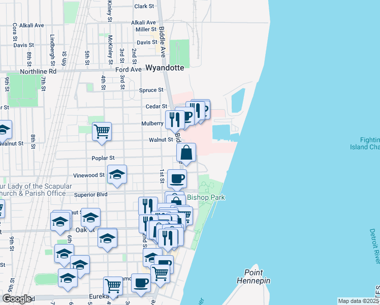 map of restaurants, bars, coffee shops, grocery stores, and more near 2533 Biddle Avenue in Wyandotte