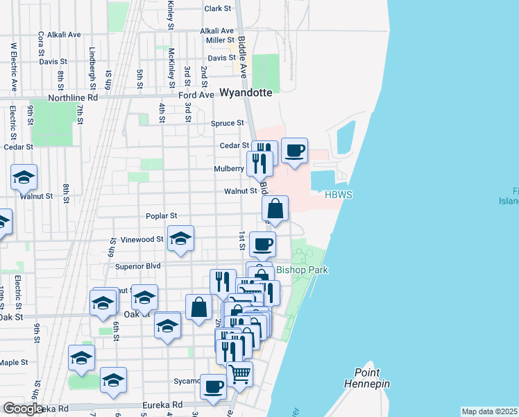 map of restaurants, bars, coffee shops, grocery stores, and more near 79 Poplar Street in Wyandotte
