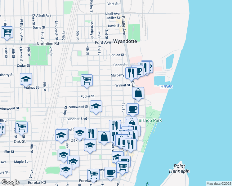 map of restaurants, bars, coffee shops, grocery stores, and more near 131 Poplar Street in Wyandotte