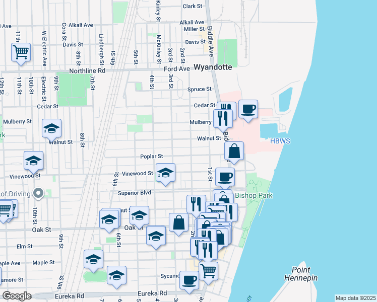map of restaurants, bars, coffee shops, grocery stores, and more near 227 Poplar Street in Wyandotte