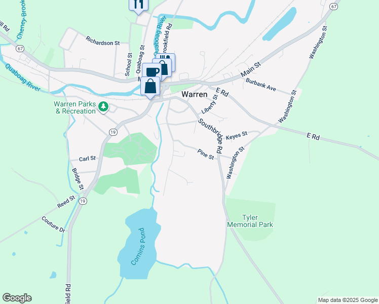 map of restaurants, bars, coffee shops, grocery stores, and more near 42 Pine Street in Warren