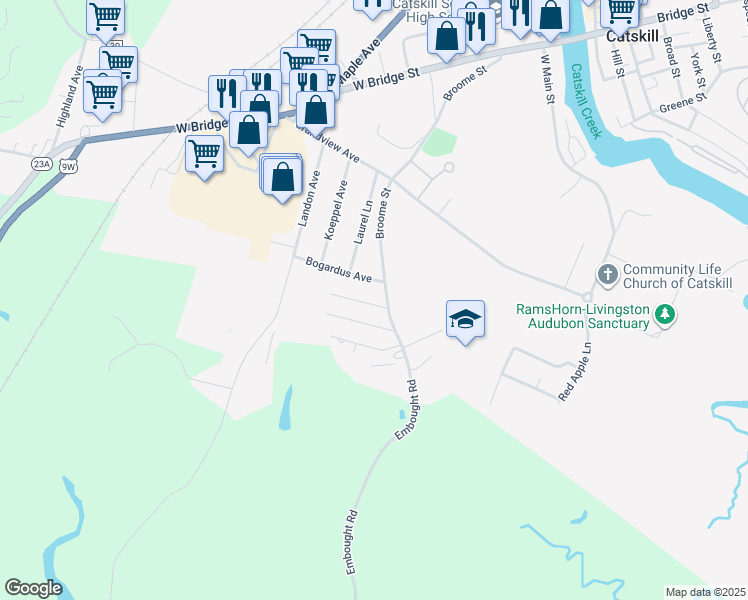 map of restaurants, bars, coffee shops, grocery stores, and more near 269 Broome St in Catskill