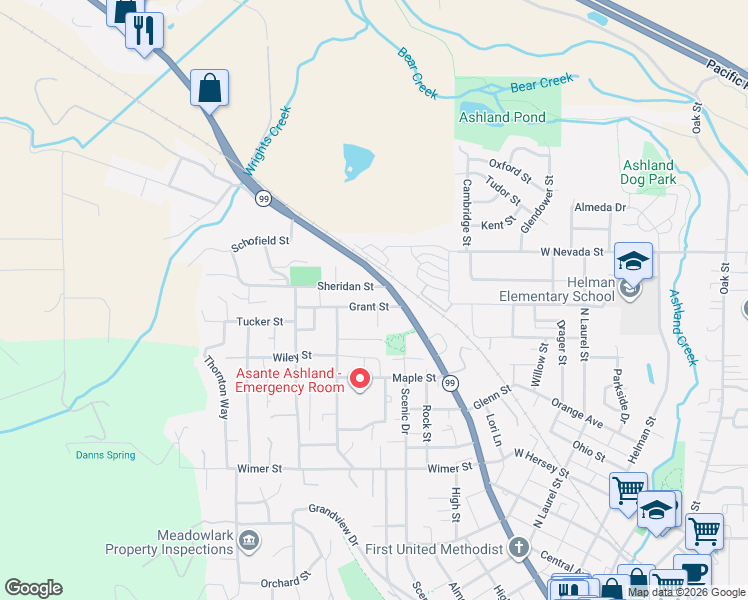 map of restaurants, bars, coffee shops, grocery stores, and more near 255 Grant Street in Ashland