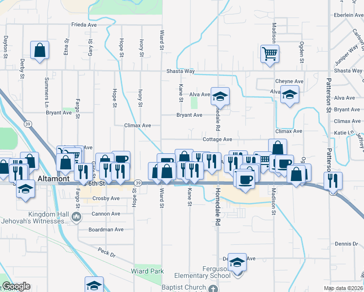 map of restaurants, bars, coffee shops, grocery stores, and more near 5126 Cottage Avenue in Klamath Falls