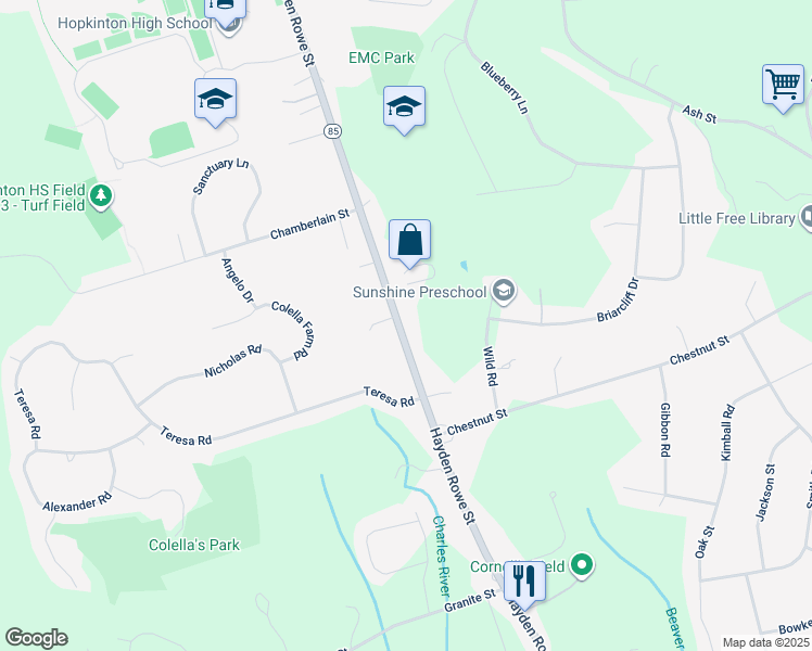 map of restaurants, bars, coffee shops, grocery stores, and more near 161 Hayden Rowe Street in Hopkinton