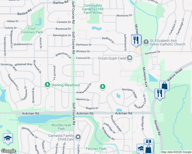 map of restaurants, bars, coffee shops, grocery stores, and more near 1175 Amberwood Drive in Crystal Lake