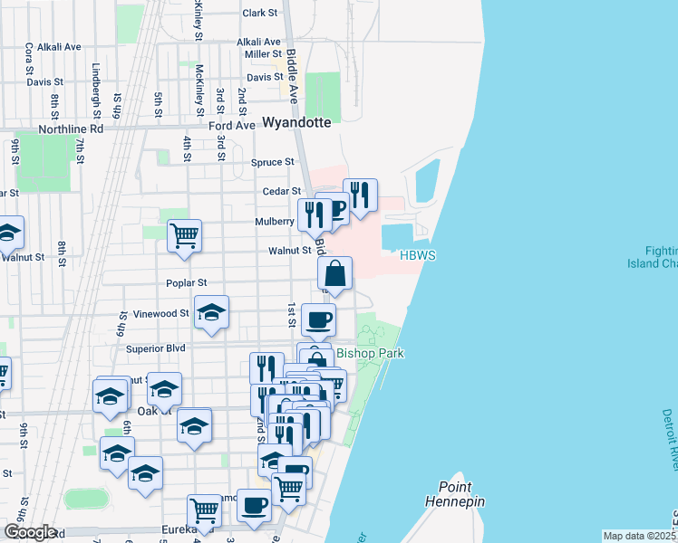 map of restaurants, bars, coffee shops, grocery stores, and more near 2455 Biddle Avenue in Wyandotte